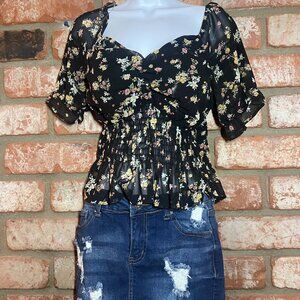Timing Black Floral Smocked Peplum Top Size L